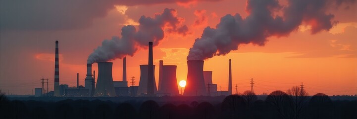 Obraz premium Coal-fired power plant silhouette emitting heavy smoke at sunset illustrating carbon footprint and climate crisis urgency