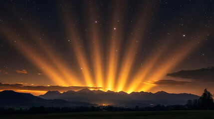 Obraz premium celestial glow phenomenon with golden light emanating from thin clouds in the night sky, bright stars shining around, Ai generated images