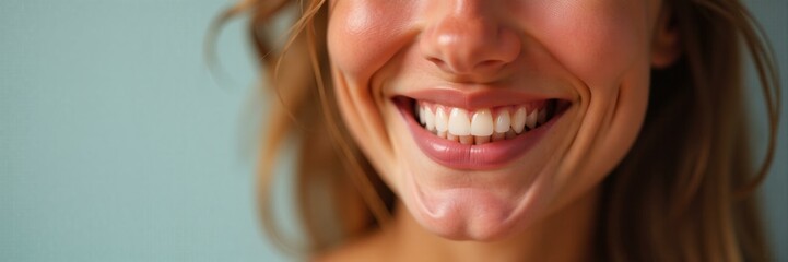 Fototapeta premium A close up of a smiling woman with white teeth and pink lipstick is set against a subtle light blue backdrop, conveying happiness and health.