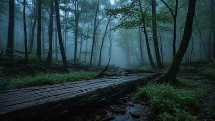 Obraz premium River winding through a foggy forest with lush grass mist and trees creating a peaceful atmosphere in nature