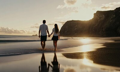 A couple walking hand-in-hand along a beach at sunset.
