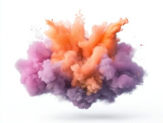 Colorful Explosion of Purple, Orange, and Pink Smoke Clouds on a White Background, Creating a Dramatic and Artistic Visual Effect for Creativity and Design Projects