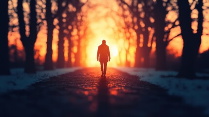 Fototapeta premium Solitary Figure Walking Towards Bright Sunset through Tree Lined Path