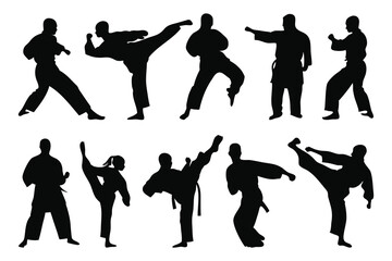 Martial arts silhouettes set isolated flat vector illustration on white background