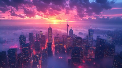 Fototapeta premium City skyline sunset, fog, vibrant colors.