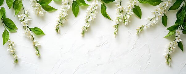 White flowers and green leaves border on white textured background.