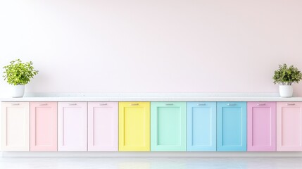 Pastel rainbow cabinet against pink wall.