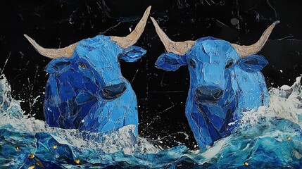 A creative collage featuring sea oxen made from torn blue cardboard, with dynamic waves below. The striking design is set against a bold black background, blending abstract art and oceanic themes