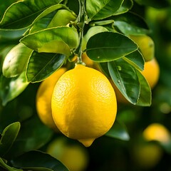 Lemon hanging on tree, vibrant yellow color and lush green leaves, citrus fruit and organic harvest