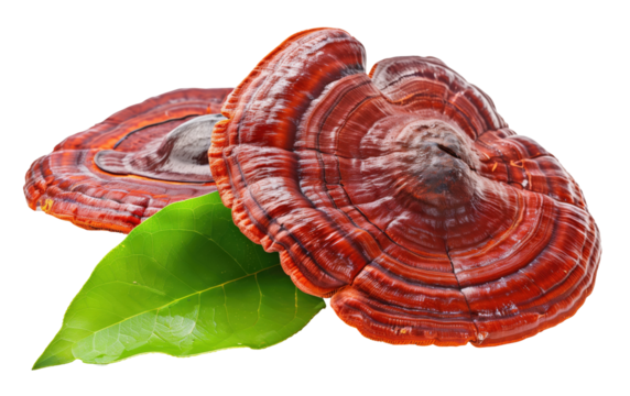 Lingzhi mushroom with leaf isolated on white background png transparent clipart.