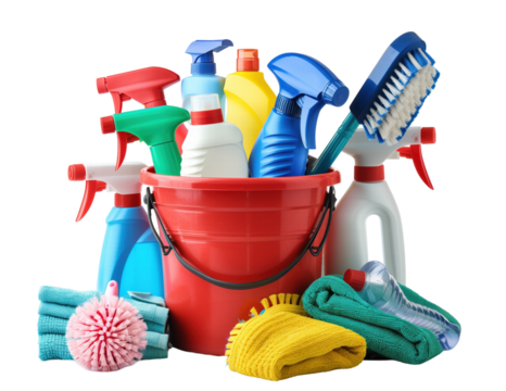 Bucket with cleaning supply collection isolated on white background png transparent clipart.