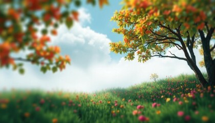 a tree that is standing in the grass with flowers