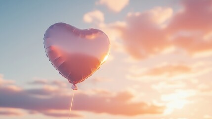 Fototapeta premium Heart-shaped balloon floating at sunset with soft clouds in the background