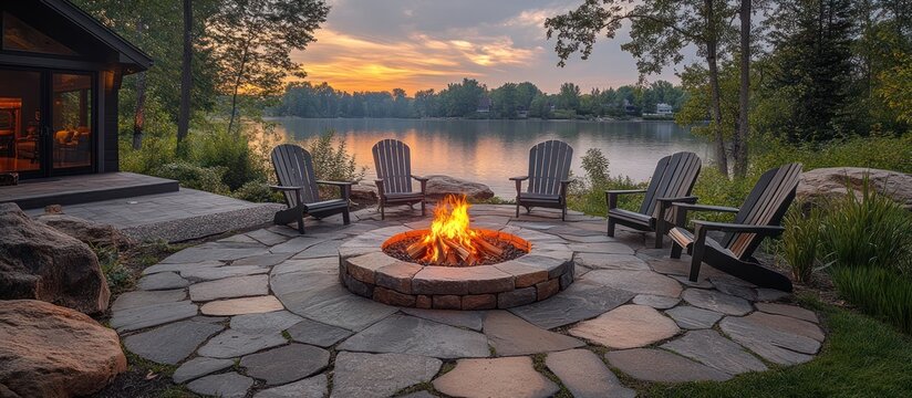 Lakeside fire pit at sunset with chairs.