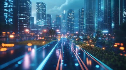 Fototapeta premium Futuristic cityscape at night, illuminated streets with glowing lines, modern skyscrapers.