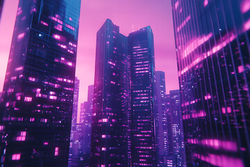 Obraz premium Cyberpunk Cityscape: Illuminated Skyscrapers at Twilight