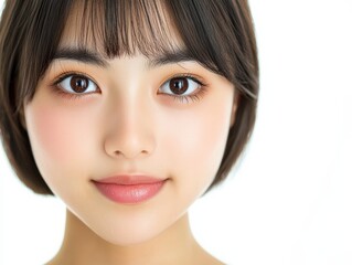 Fototapeta premium A youthful Asian woman with a bob haircut smiles brightly, showcasing her natural beauty against a plain white background.