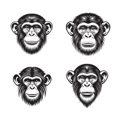 4 Set of Black Chimpanzee Head Silhouettes Isolated on White Background