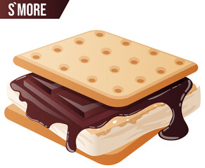 S`more Isolated Graphic. Chocolate Bar Melting on a Freshly Toasted Marshmallow. Graham Cracker Sandwich Detailed Illustration