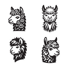 4 Set of Black Alpaca Head Silhouettes Isolated on White Background