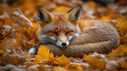 Fototapeta premium Red fox sleeping peacefully amidst autumn leaves.