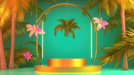 Tropical Golden Display With Palm Trees And Flowers