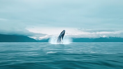 A dramatic moment of a humpback whale breaching the ocean's surface, with water spraying in all directions