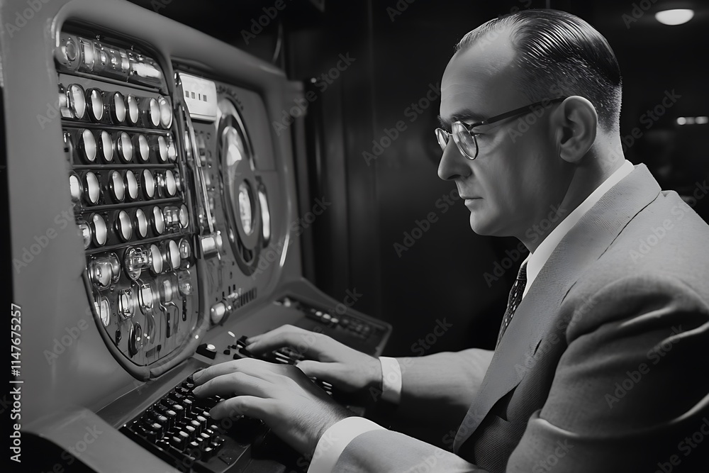 Poster early computer scientist at work. concept of innovation, technology, and the history of computing.