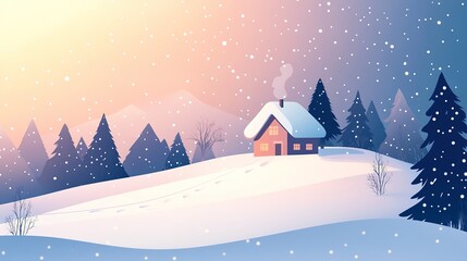 A serene snow-covered winter landscape featuring bare trees, a small cozy house, and a sky full of twinkling stars. The tranquil scene is illuminated by soft moonlight, casting gentle shadows 