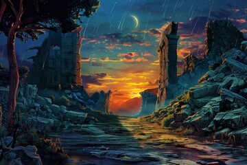 Obraz premium A Mystical Pathway Through Ancient Ruins Under a Starry Sky