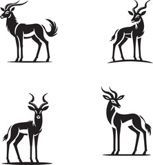 4 Set of Black Standing Antelope Silhouettes Isolated on White Background
