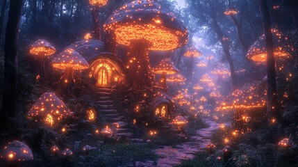Naklejka premium Enchanted forest, glowing mushroom houses, magical path.