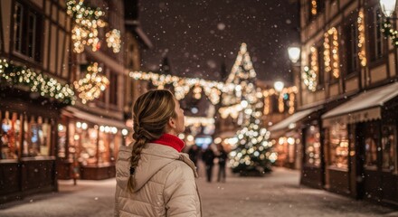 Obraz premium Happy gorgeous girl in winter clothes celebrating New Years with fireworks, having fun at New Year's Eve Party, AI Generative