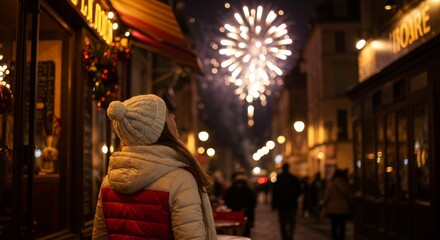 Happy gorgeous girl in winter clothes celebrating New Years with fireworks, having fun at New Year's Eve Party, AI Generative