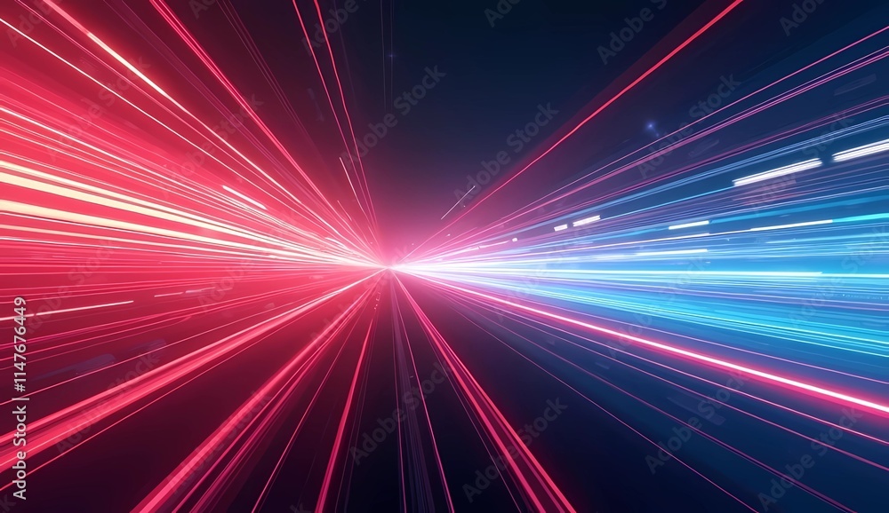 Poster red and blue flashes of light on a black background from speed trails and create abstract digital ar