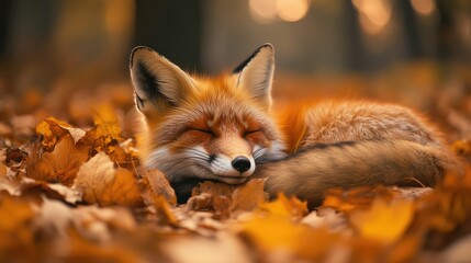 Obraz premium Sleepy fox resting amongst autumn leaves.