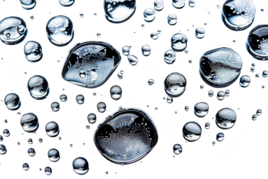 Water Droplets Form on Black Background with Reflections and Texture Effects.