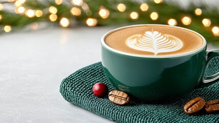 A stylish green coffee cup with latte art sits on a textured mat, surrounded by coffee beans and festive decorations, evoking a cozy holiday atmosphere.