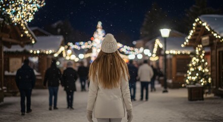 Obraz premium Happy gorgeous girl in winter clothes celebrating New Years with fireworks, having fun at New Year's Eve Party, AI Generative