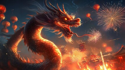 Majestic dragon in a festive night sky with fireworks and lanterns
