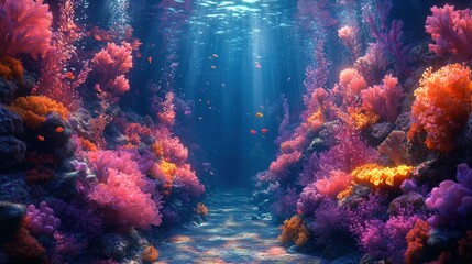 Naklejka premium Vibrant coral reef, colorful fish, sunlit ocean floor.