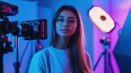 A professional monochromatic studio, Creative studio, Photography studio, Creative portrait photoshoot with model in studio setting colorful lighting artistic vibes