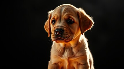 A tiny Labrador Retriever puppy is settling down comfortably, surrounded by a warm and inviting atmosphere with soft lighting highlighting its features