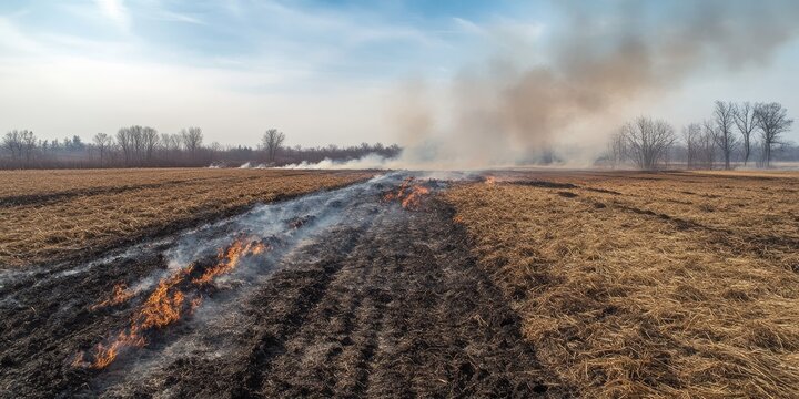 Ideal weather conditions enabled a much needed controlled burn to eliminate old straw and hay in this pasture, improving the land s health through the effective management of the controlled burn.