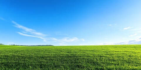 Lush field of grass meets a perfect blue sky, creating a serene landscape. This vibrant field of grass under the perfect blue sky offers a tranquil escape to nature lovers.