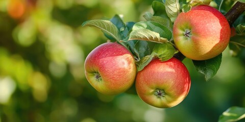 Apples on a branch of an apple tree. This image showcases the vibrant apples and the natural beauty of the apple tree with selective focus on the apples.