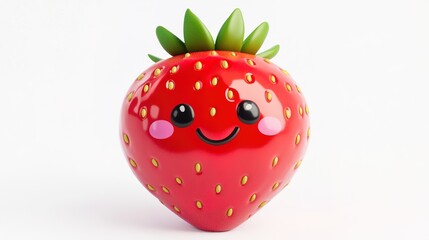 A delightful 3D strawberry character with a cheerful expression, featuring a round red body and small seeds for a realistic texture. This adorable design captures the essence of a strawberry, 