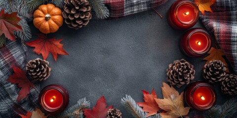 Embrace a cozy home environment with this overhead view image featuring patchy plaid, pumpkin candles, pinecones, and maple leaves, perfect for text or advertisement placement on a grey isolated