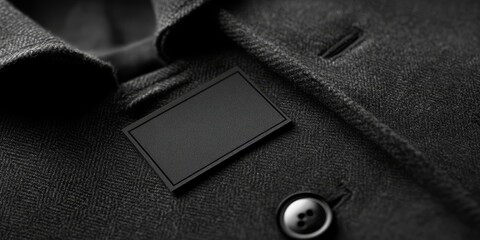Black clothing tag and label mockup template for showcasing your design. Perfectly placed on a stylish trench coat featuring black buttons, enhancing your design presentation with elegance.