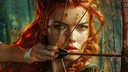 Red-Haired Archer Aiming with Bow in Forest